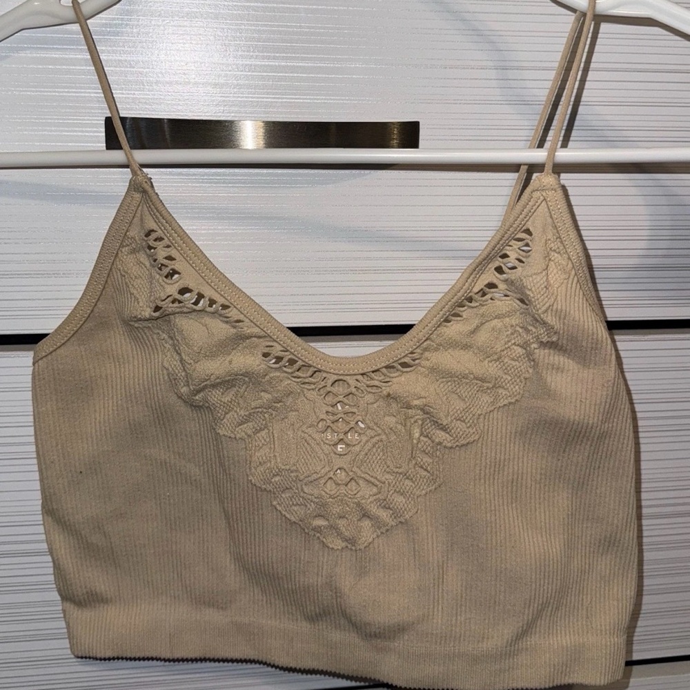 Beige Crochet Detail Crop Top